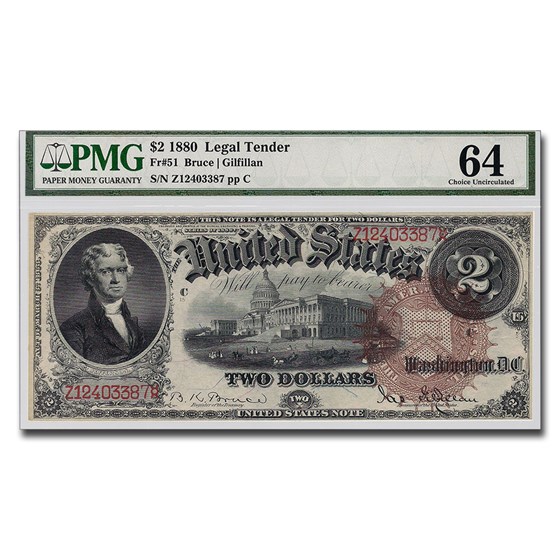 1880 $2.00 Legal Tender Jefferson CU-64 PMG 1880 $2.00 Legal Tender Jefferson CU-64 PMG
